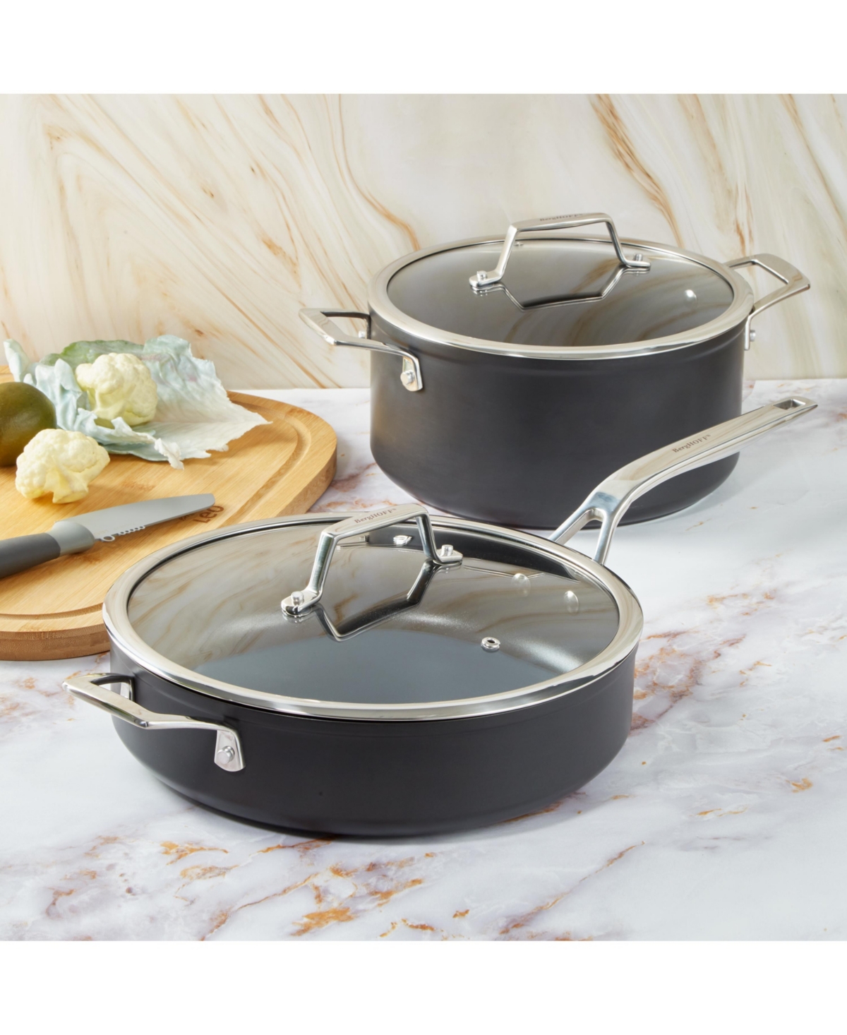 BergHOFF Essentials 4Pc Non-stick Hard Anodized Simmer Set With Glass Lids,- Black