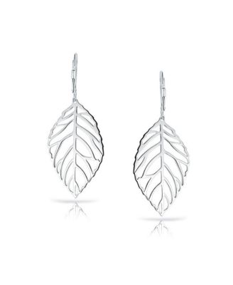 Large Tribal Nature Style Lightweight Open Leaf Feather Drop Dangle Lever Back Earrings Sterling Silver
