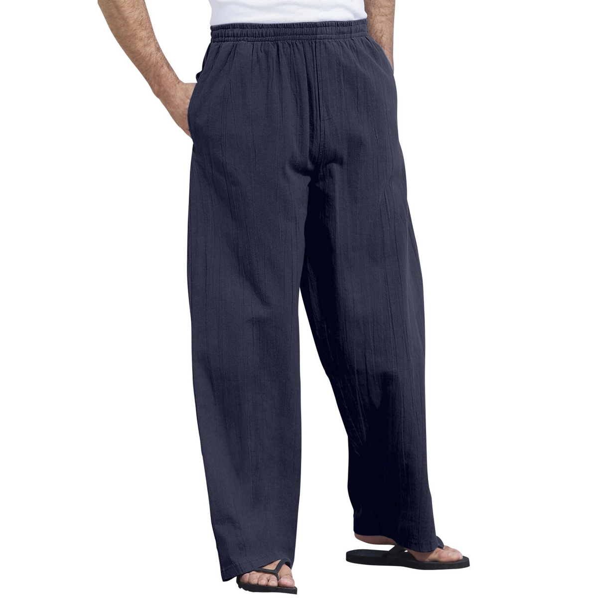 Big & Tall Elastic Waist Gauze Cotton Pants - Navy stripe