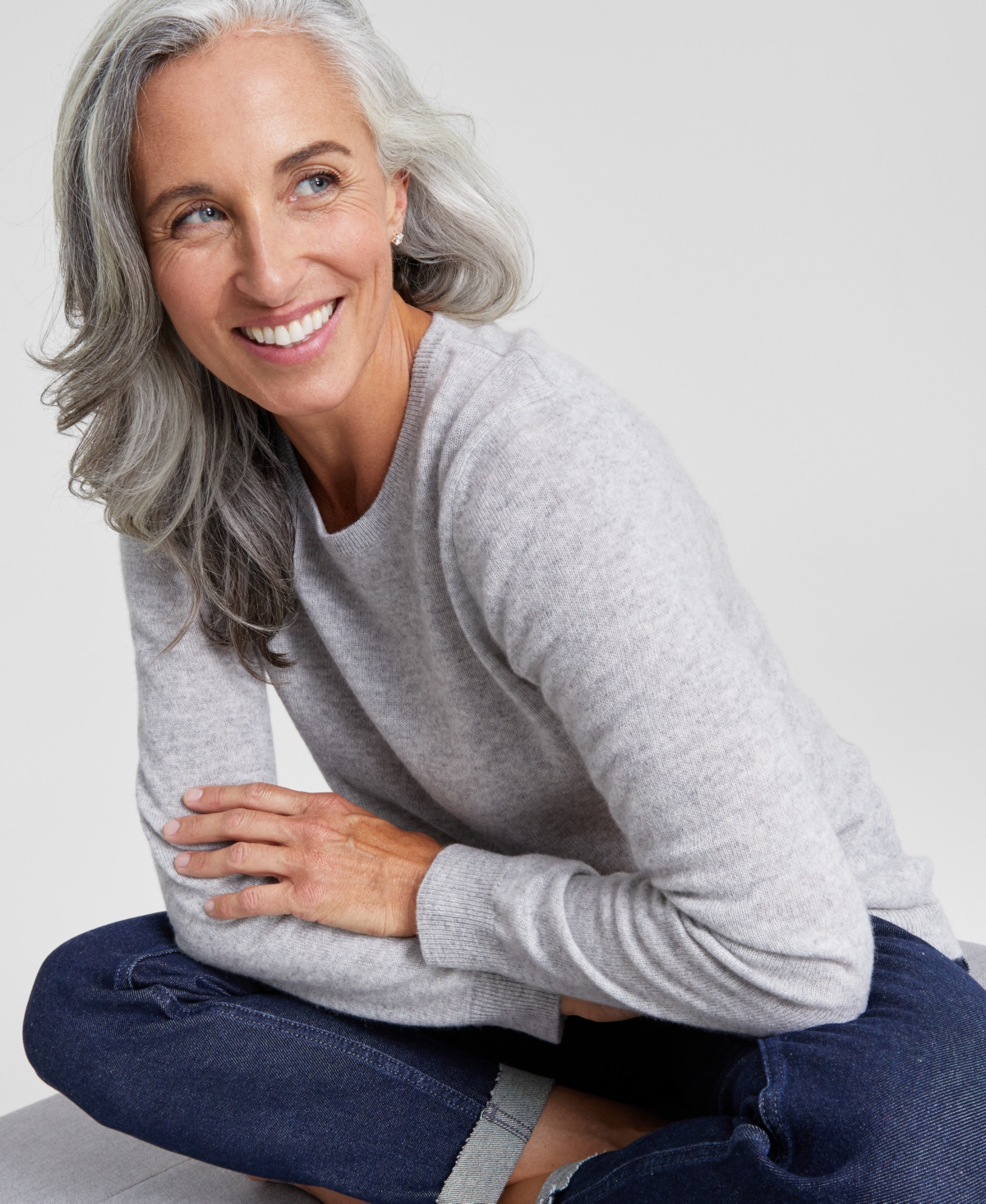 Charter Club 100% Cashmere Women's Petite Long-sleeve Crewneck Sweater, Created For Macy's In Ice Grey Heather
