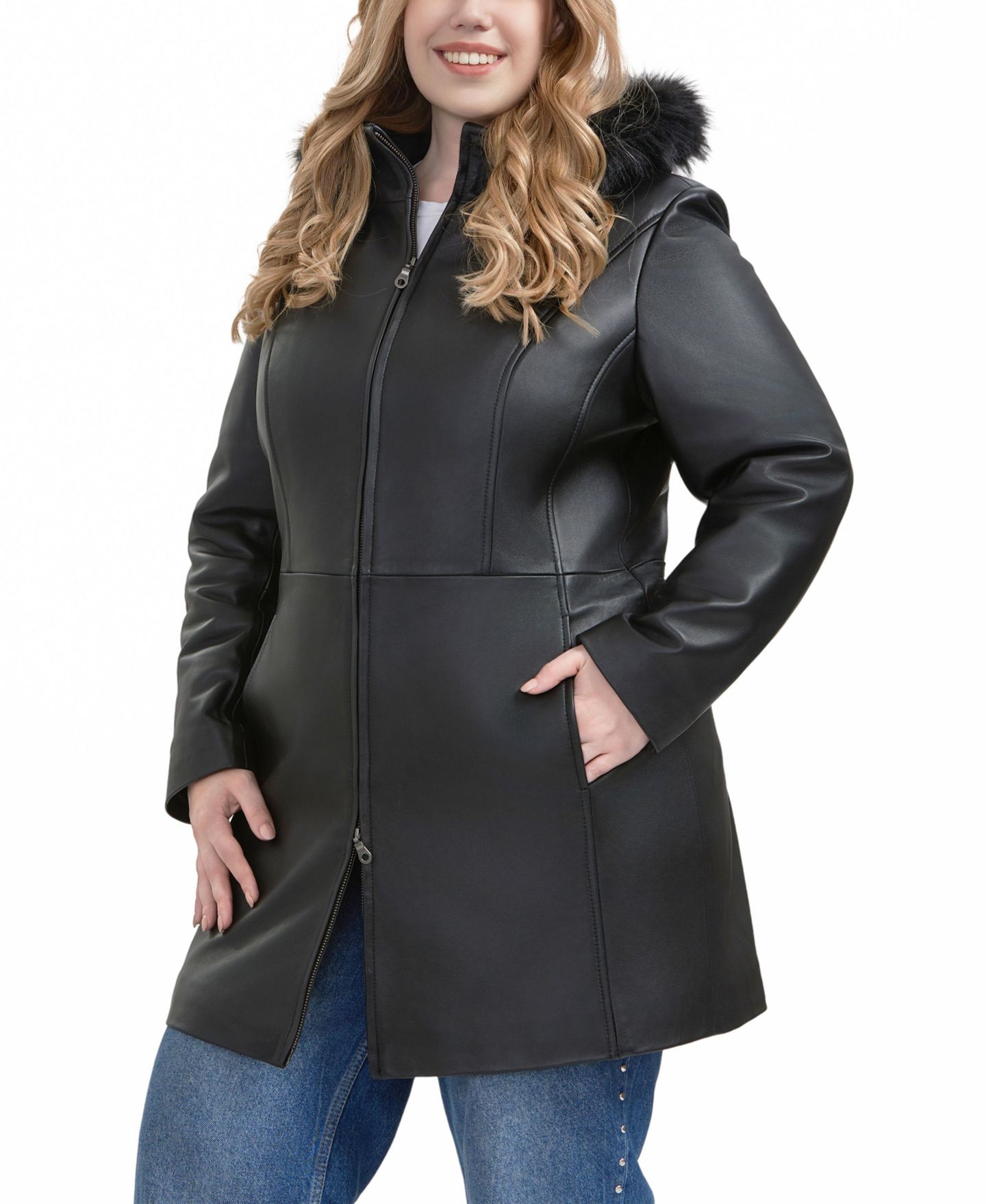 Женская куртка BGSD Plus Size Greta Leather Parka, цвет: Чёрный — фото 2