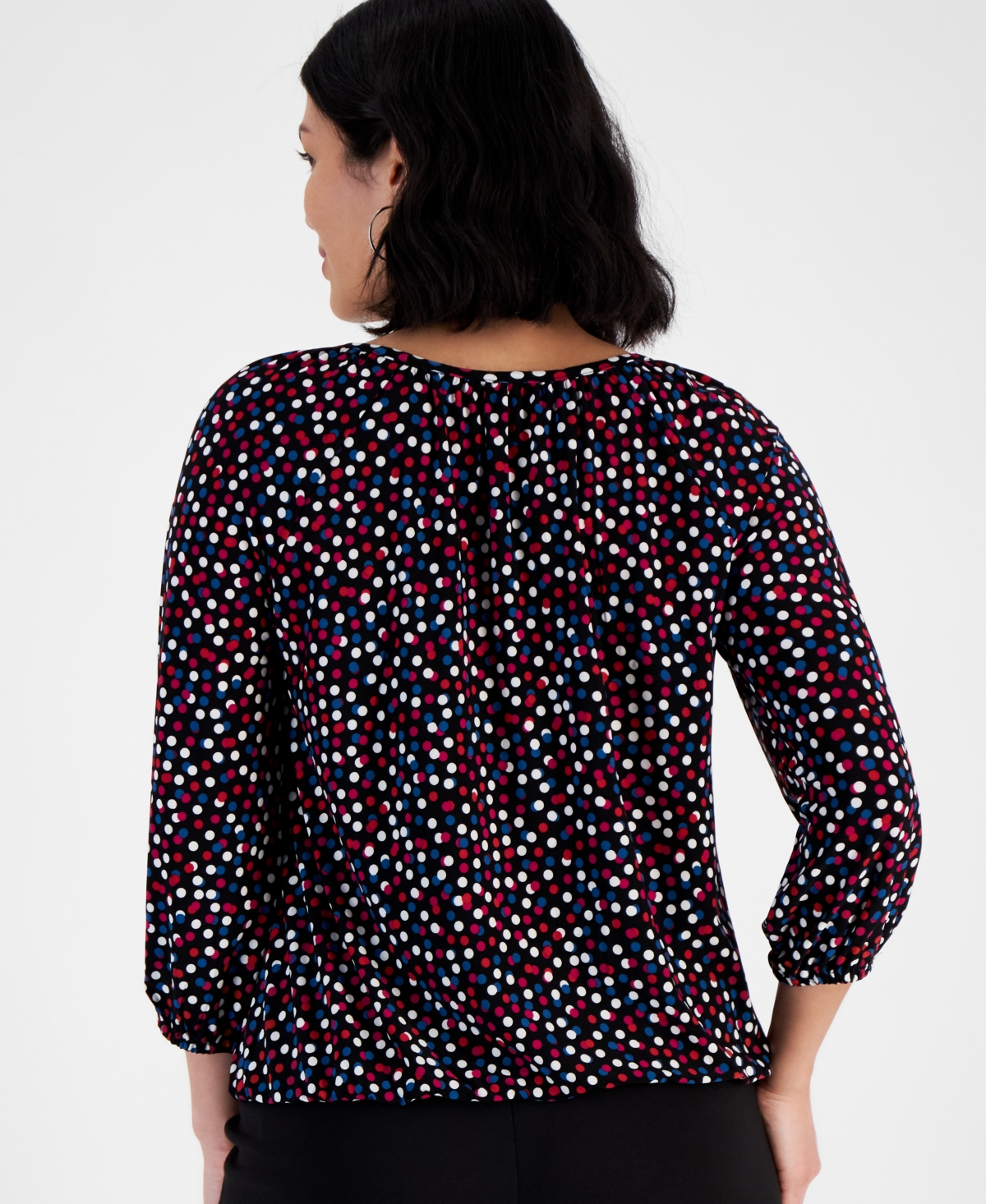 Ak Anne Klein Petite Printed Shirred Scoop-Neck Top