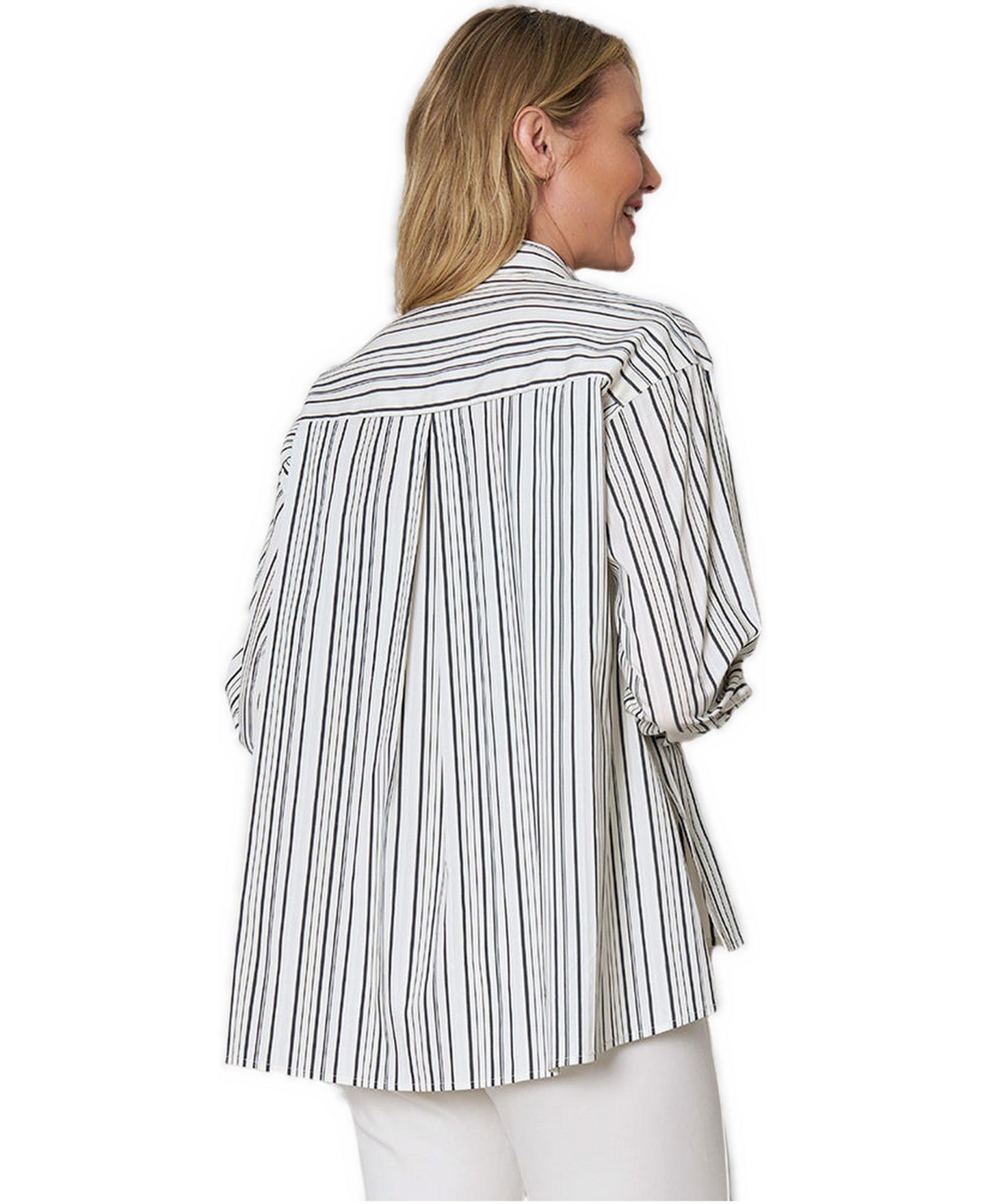 Женская рубашка Stella Carakasi Cropped High-Low Hem Yarn Dye Stripe Wear Anywhere, цвет: Чёрный полосатый — фото 2