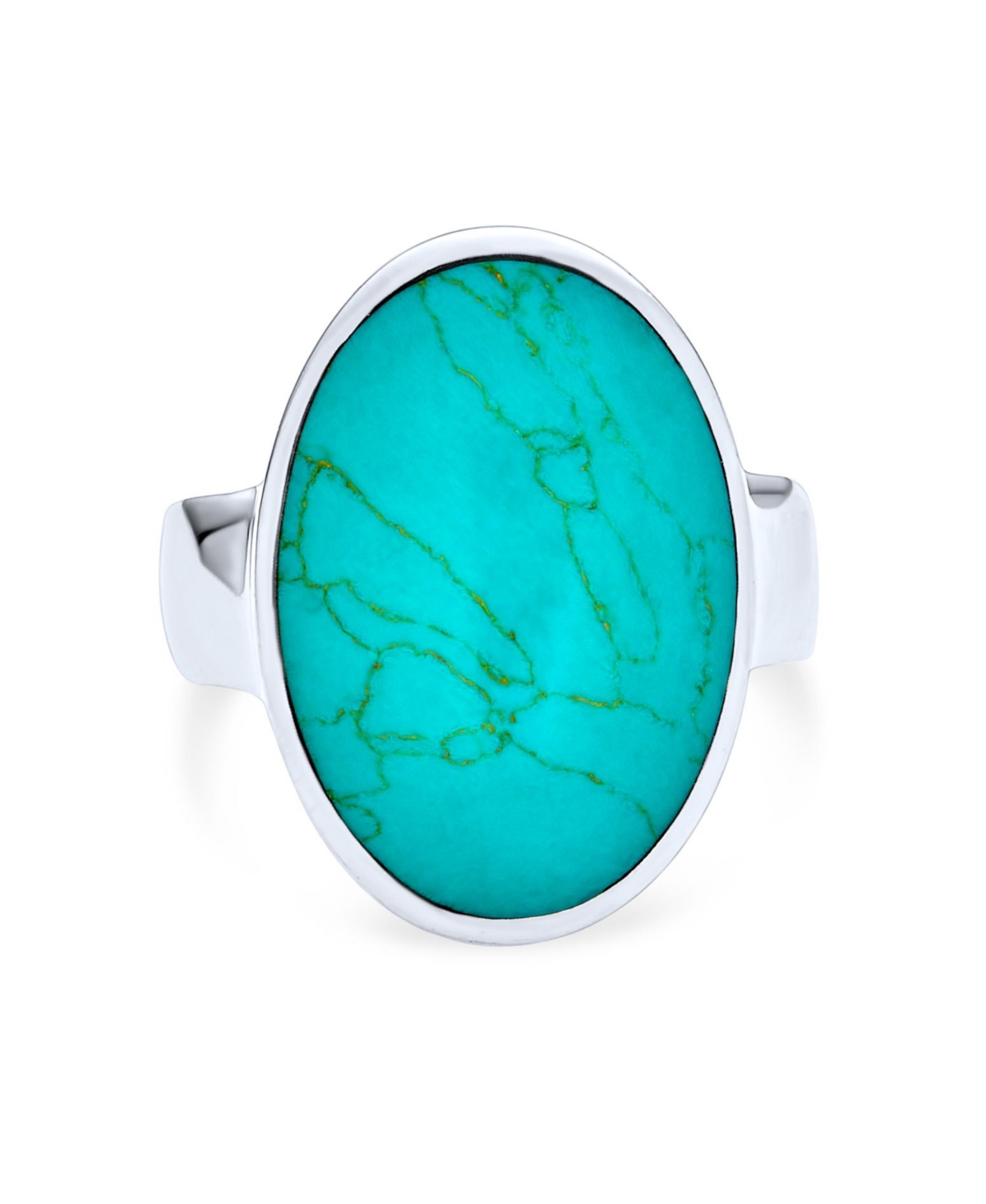 Simple Large Dome Oval Cabochon Gemstone Bezel Set Blue Turquoise Western Statement Ring For Women .925 Sterling Silver - Aqua