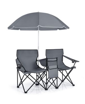 Portable Folding Picnic Double Chair with Detachable Umbrella, Side Cooler Pouch for Beach and Camping