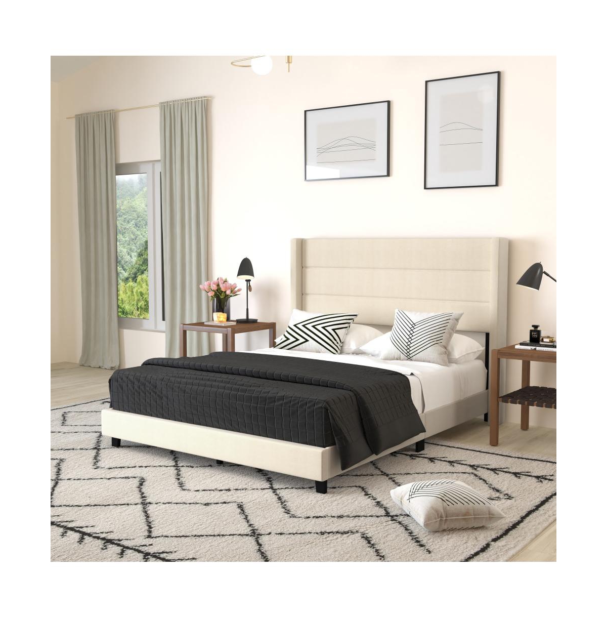 Percy Modern Platform Bed With Padded Channel Stitched Upholstered Wingback Headboard