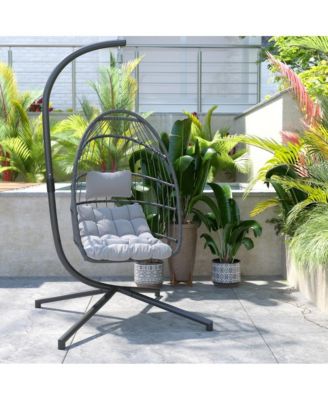 Riley Foldable Woven Hanging Egg Chair With Removable Cushion And Stand For Indoor And Outdoor Use