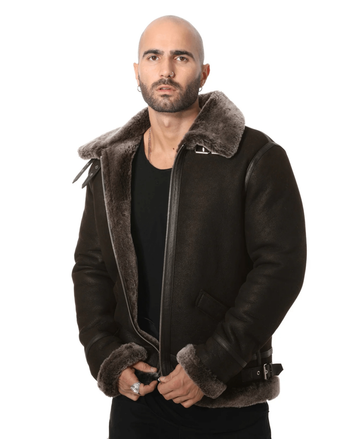 Furniq Uk Men's Shearling Biker Jacket, Vintage Like Camel with Beige Curly Wool