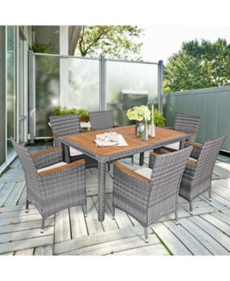 7 Pieces Patio Acacia Wood Cushioned PE Rattan Wicker Dining Set