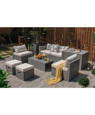 8 Pieces Patio Rattan Furniture Set with Storage Waterproof Cover and Cushion