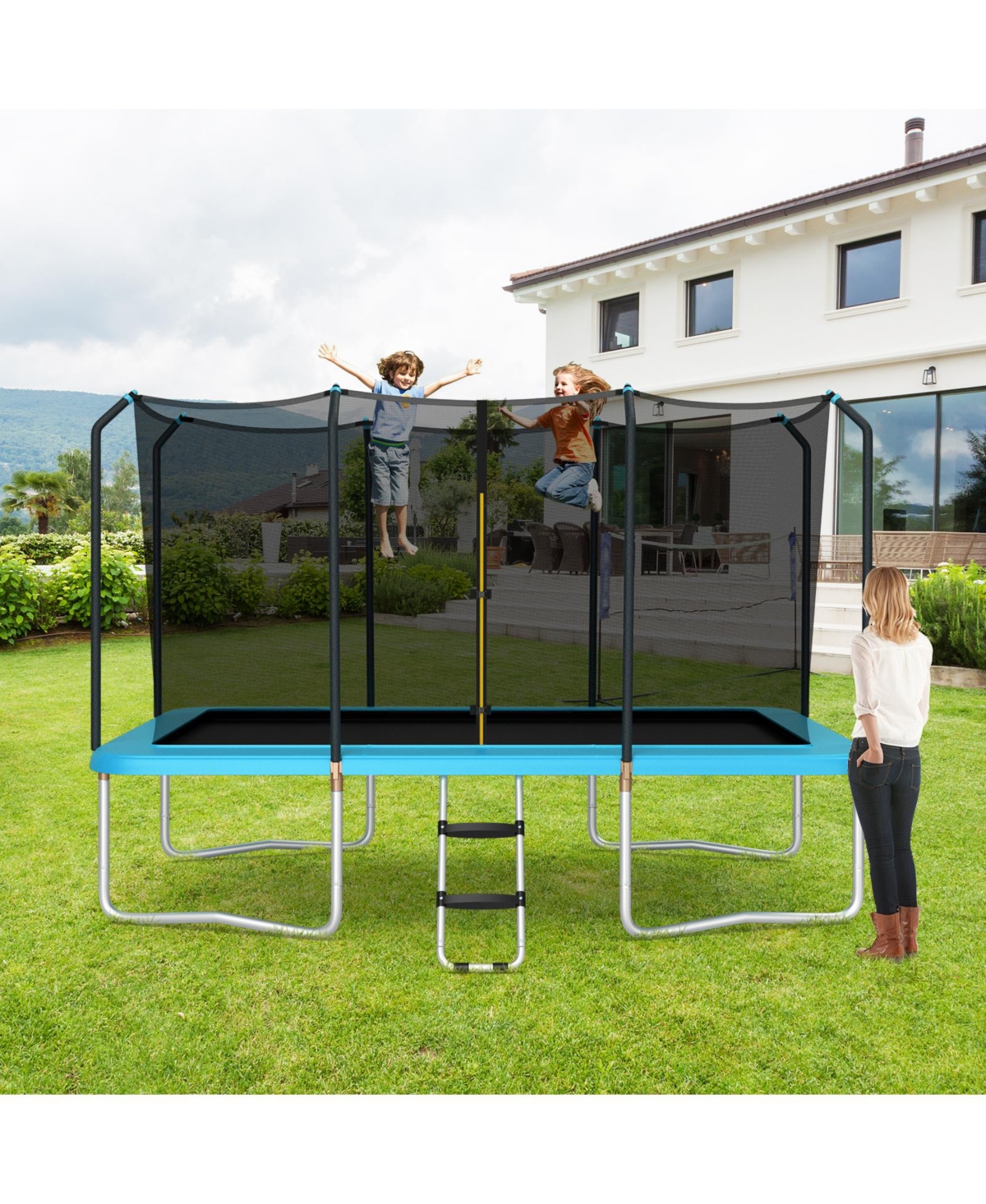 8 x 14 Feet Rectangular Recreational Trampoline with Safety Enclosure Net and Ladder