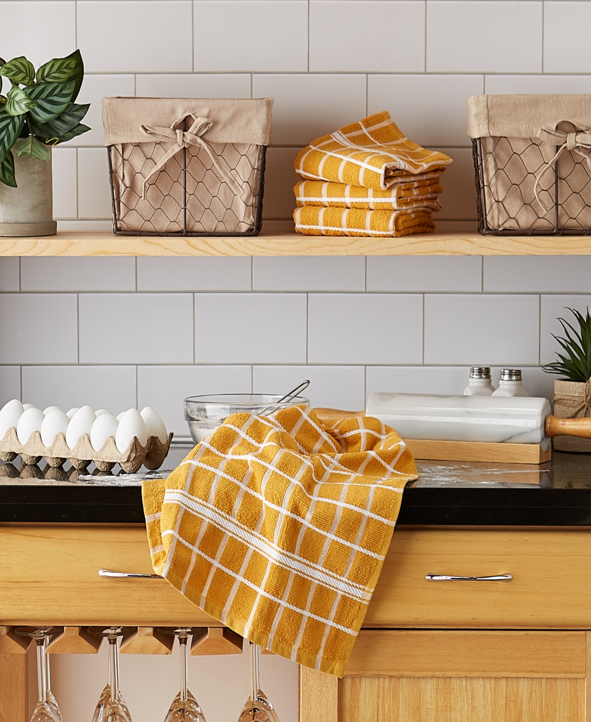 Design Imports Basic Terry Collection Windowpane Dishtowel Set, 16x26", Honey Gold Check, 4 Piece In Honey Gold