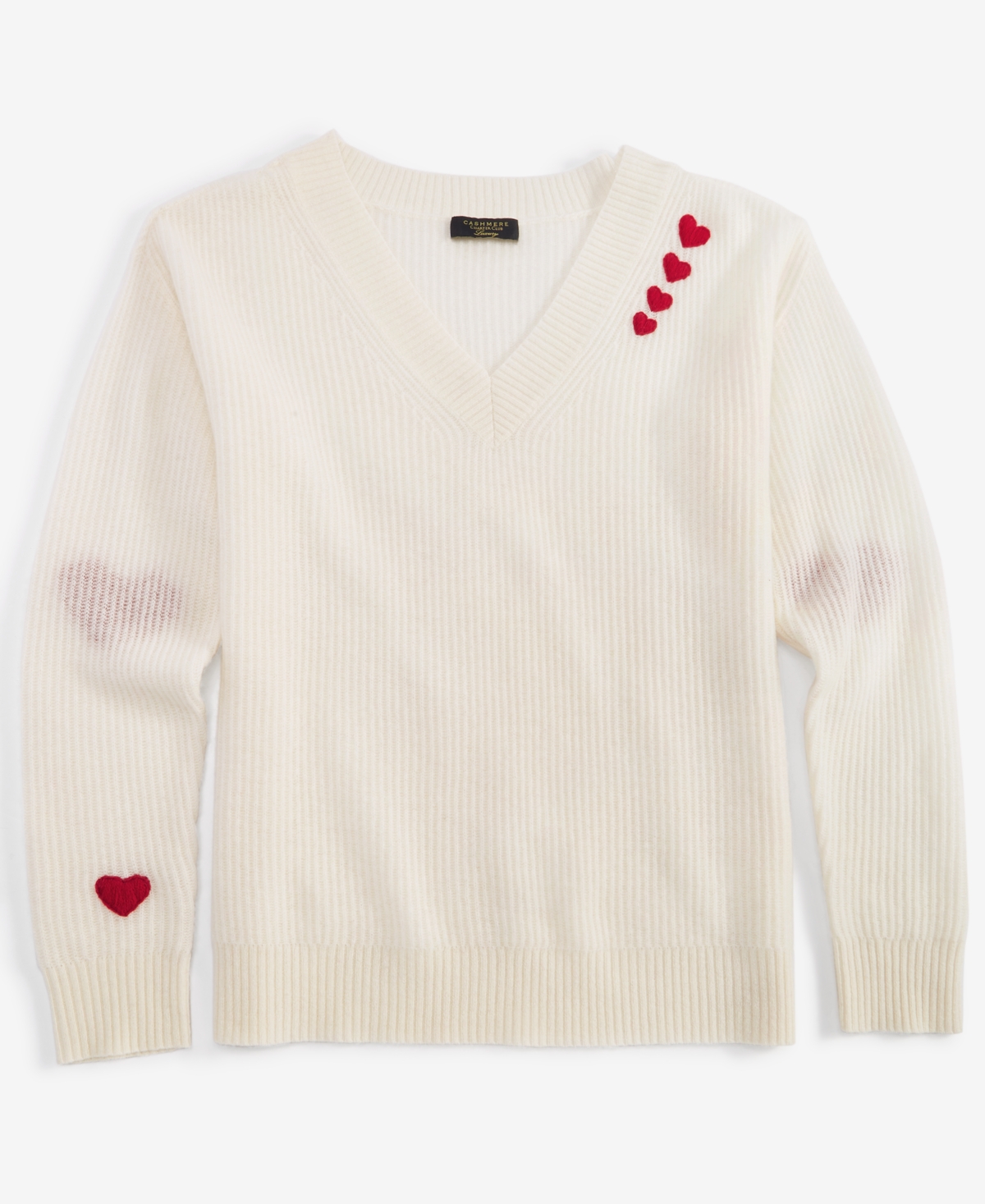 Charter Club Women's Cashmere Ribbed Heart-Embroidered V-Neck Sweater, Created for Macy's