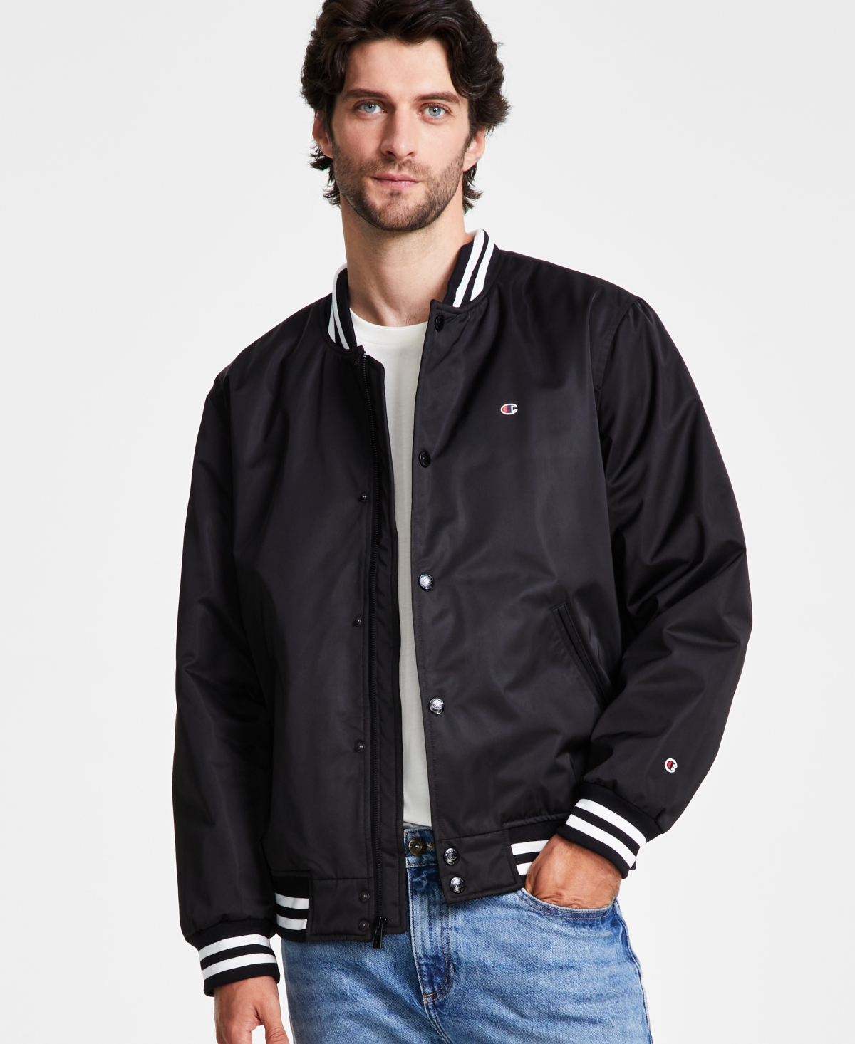 Champion Men's Classic Logo Striped-trim Varsity Jacket In Black