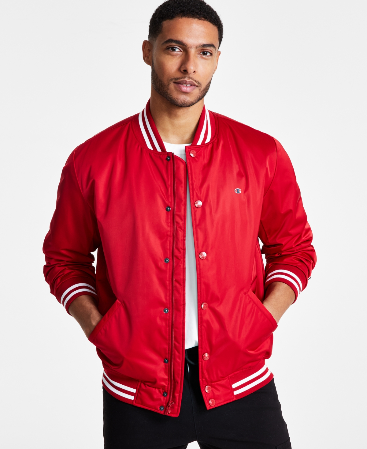 Men's Classic Logo Striped-trim Varsity Jacket In Chili Pepper Red