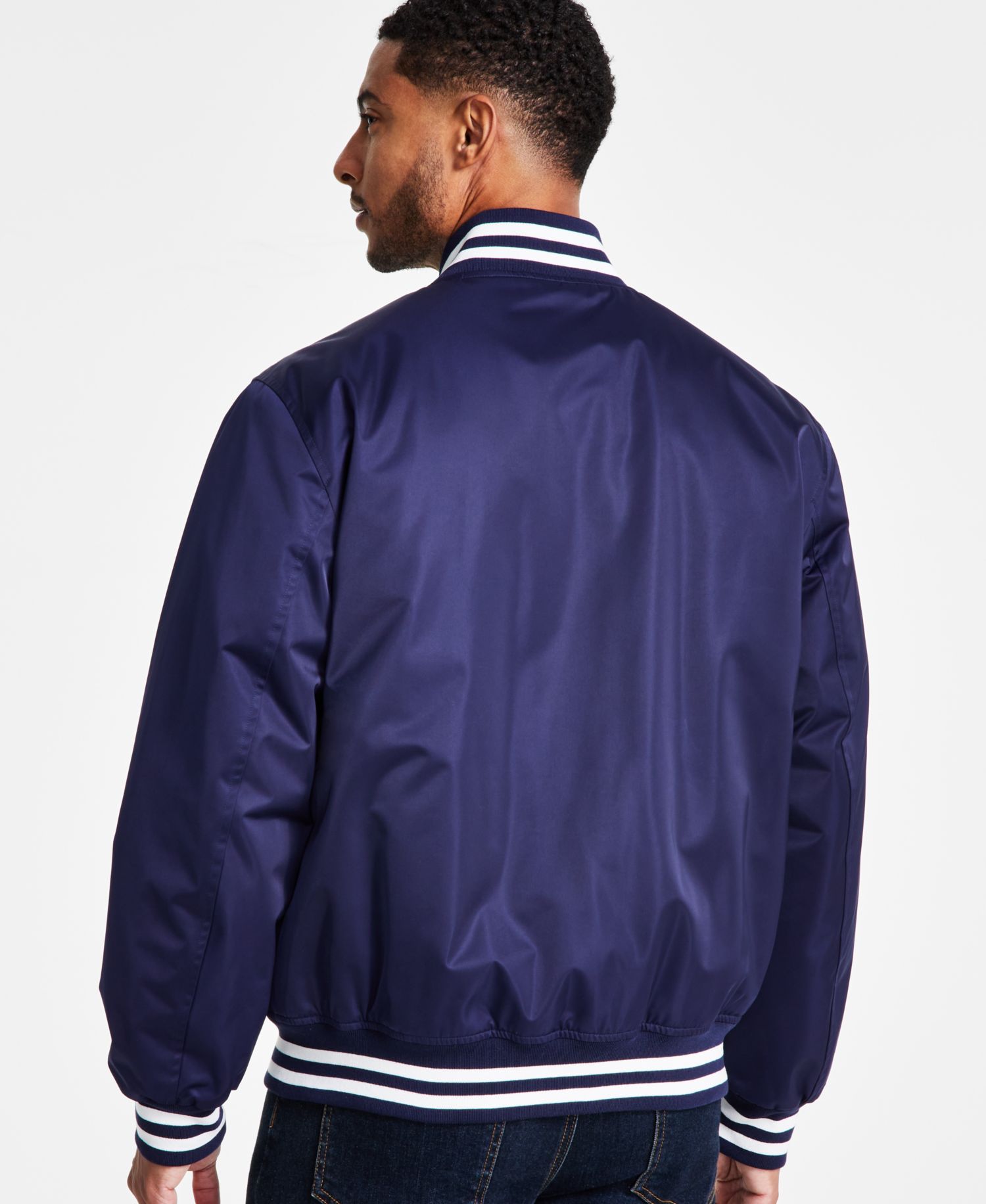 Men's Classic Logo Striped-Trim Varsity Jacket