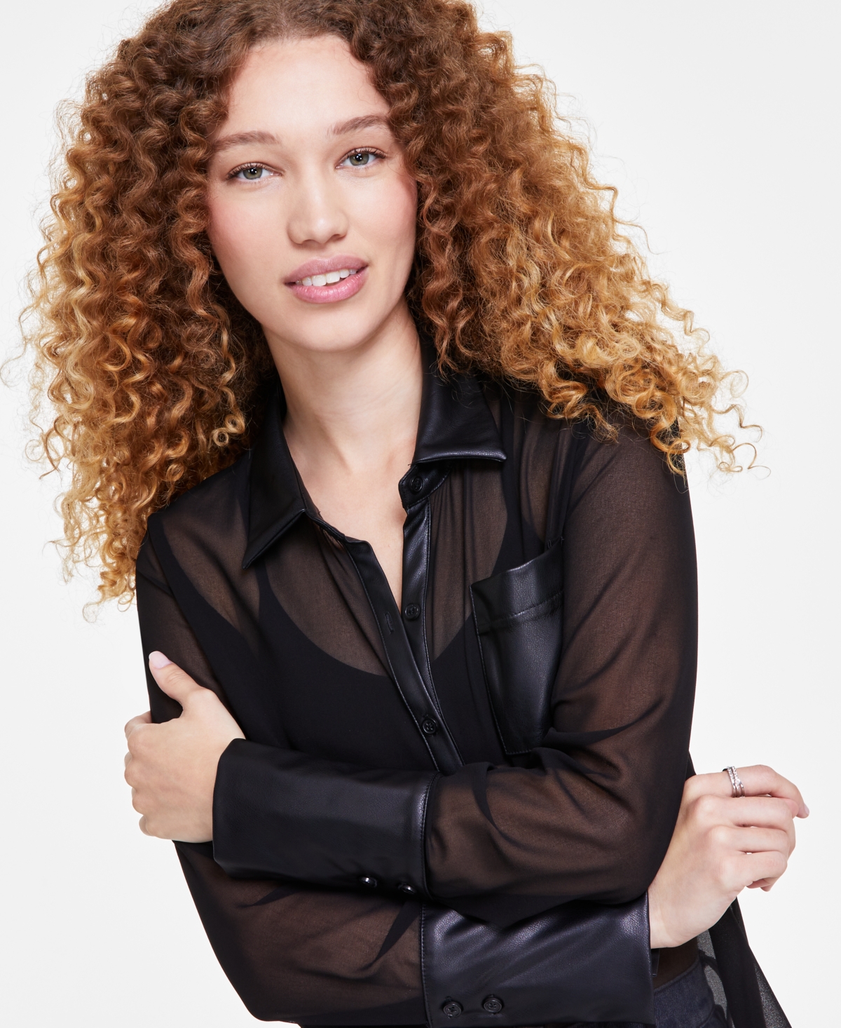 Dkny Jeans Women's Faux-Leather Trim Sheer-Mesh Shirt - BLK - BLACK