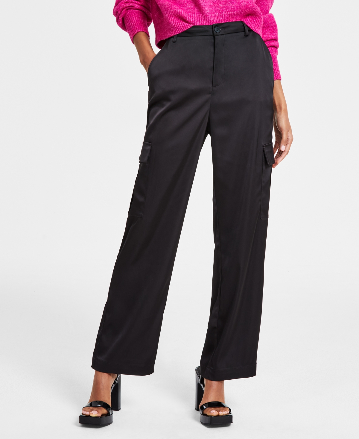 Dkny Jeans Women's Stretch Satin Cargo Wide-leg Pants In Blk - Black