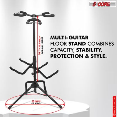 Triple Guitar Stand Floor Adjustable 30- 38.5 Inch Tripod Multi Guitars Holder Universal Folding Support for Acoustic Electric Bass Banjo Stands Hold 3 Guitars GSH 3N1