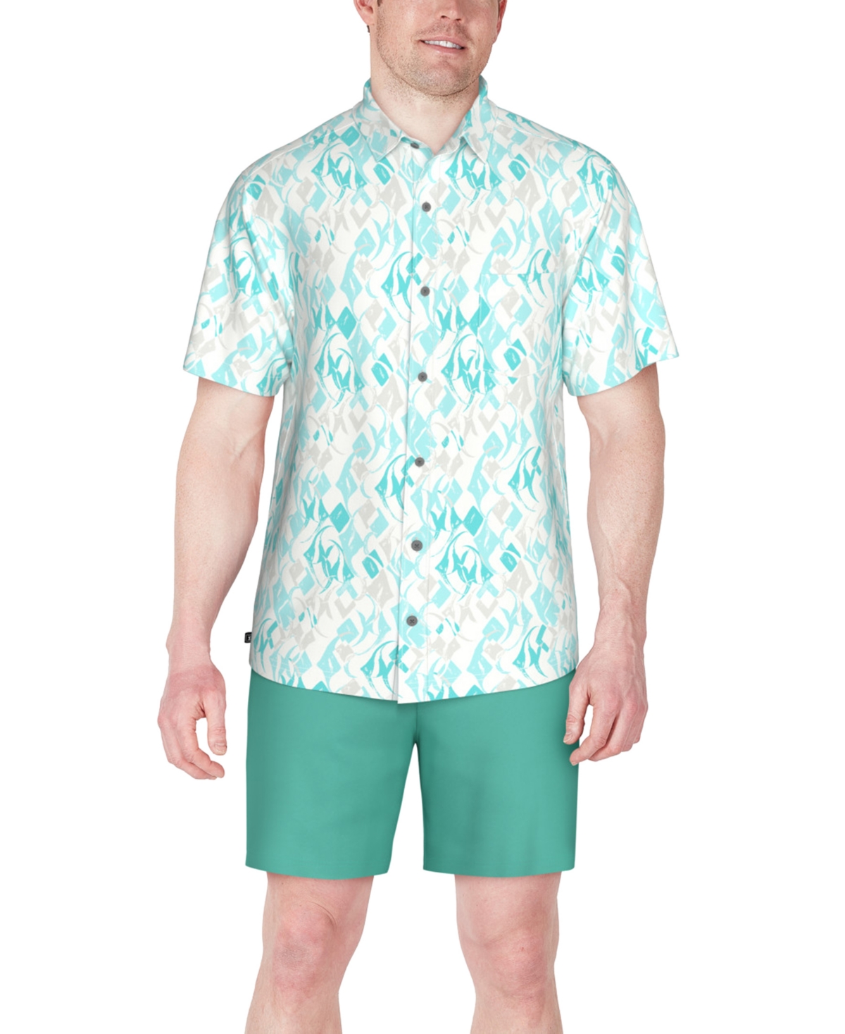 Pga Tour Men's Short Sleeve Button-Front Performance Argyle Fish Shirt