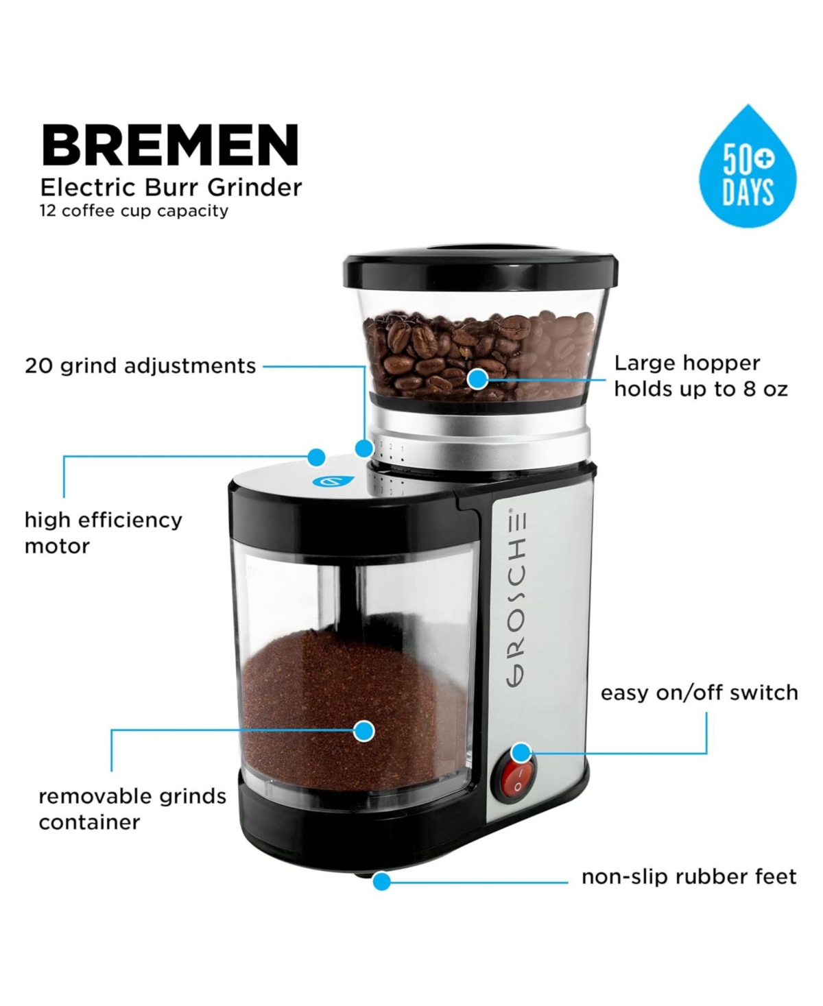 Grosche Brew Mastery Combo: Bremen Burr Grinder Austin G6 Pour Over Coffee Maker In Black