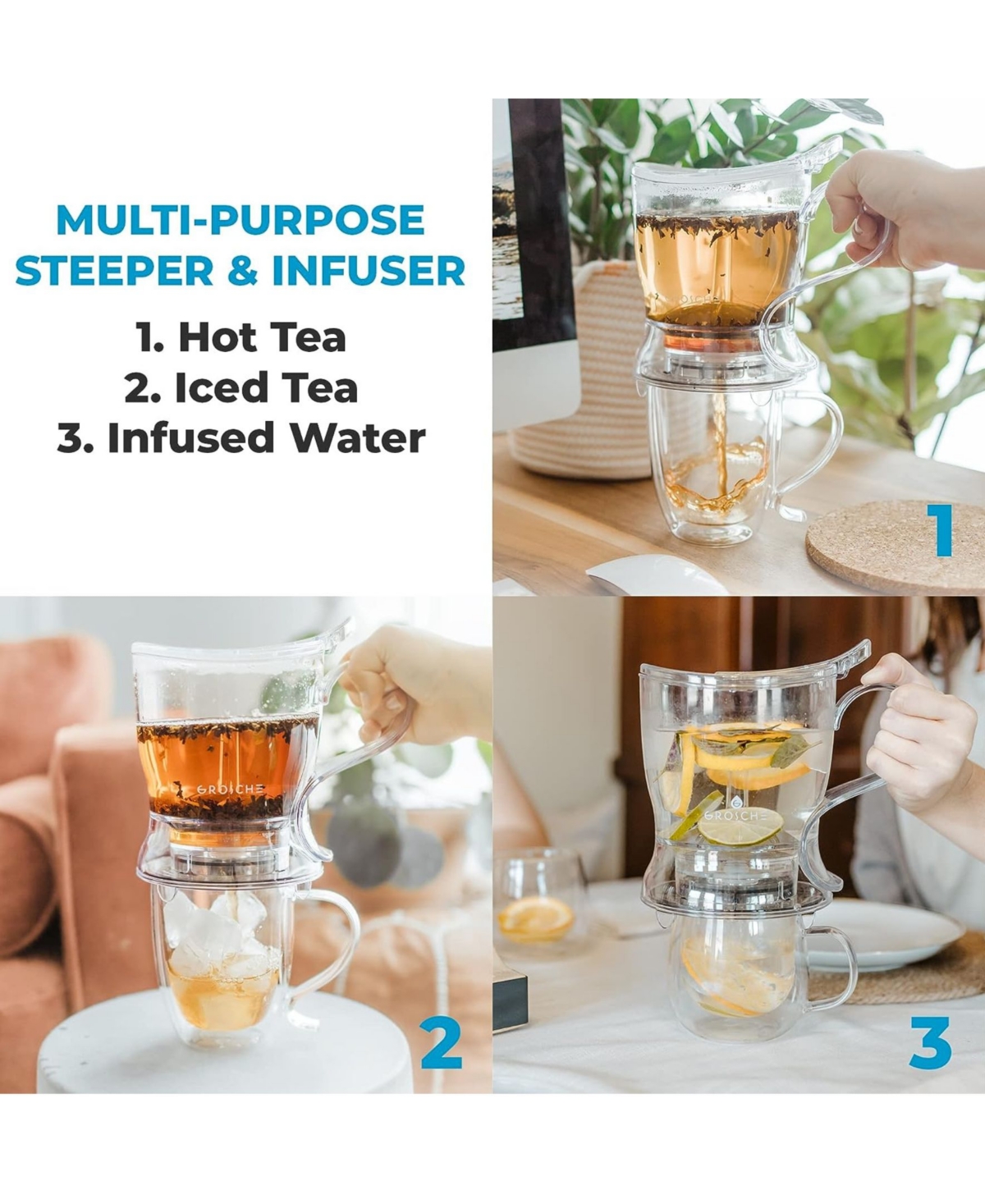 Grosche Tea Perfection Duo- 1000ml Aberdeen Smart Tea Steeper With Cyprus Large Glass Mug In Glass