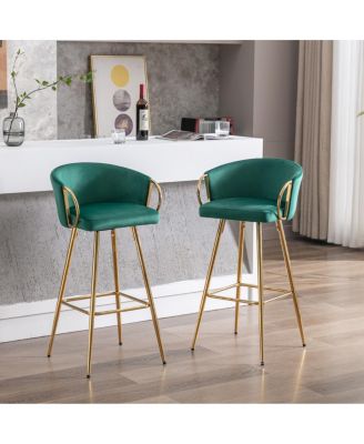 2 Green Velvet Bar Stools with Chrome and Golden Accents