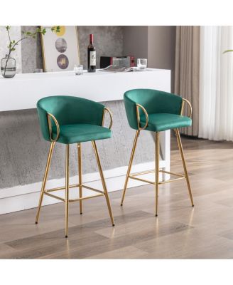 2 Green Velvet Bar Stools with Chrome and Golden Accents