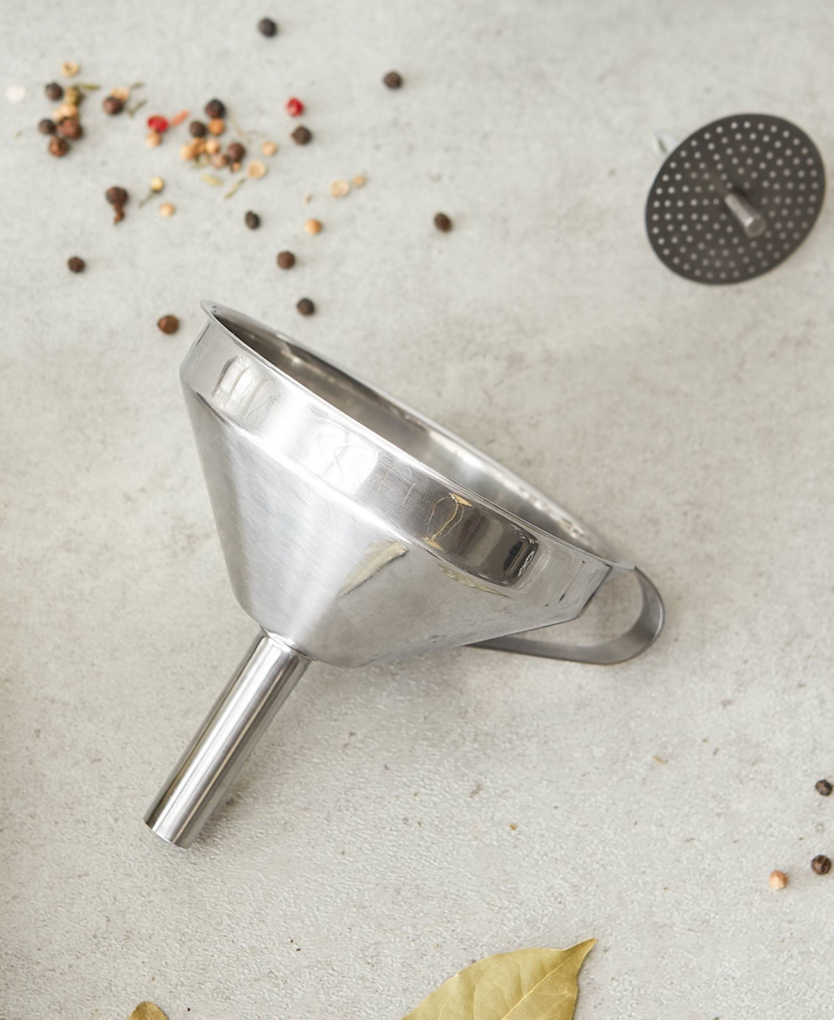 Rsvp International Endurance Stainless Steel 4" X 5" X 4.25" Deluxe Funnel With Removable Filter Set In Silver