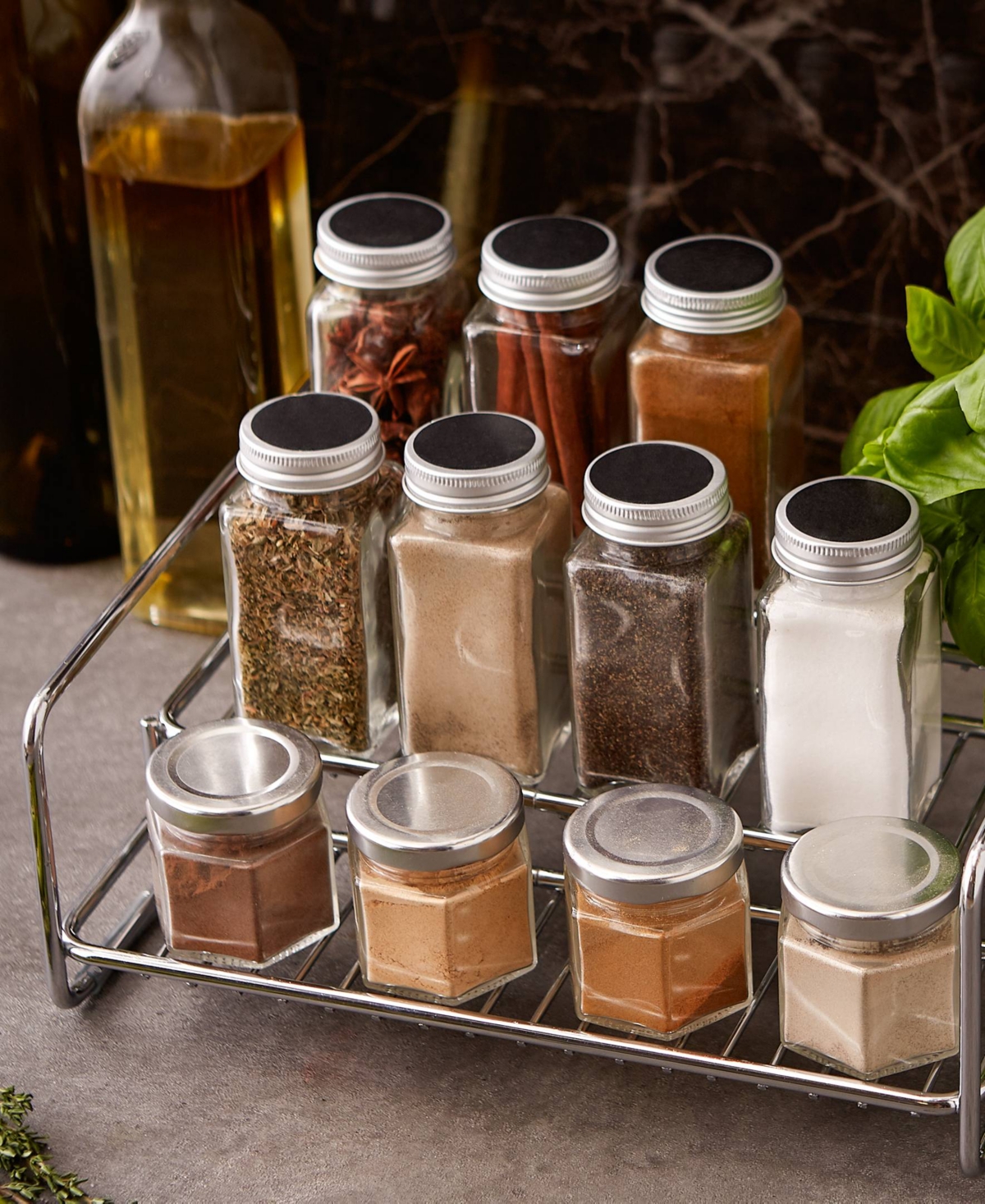 RSVP INTERNATIONAL STAINLESS STEEL 11" X 8.5" X 4" 3 TIER SPICE/CAN RACK 