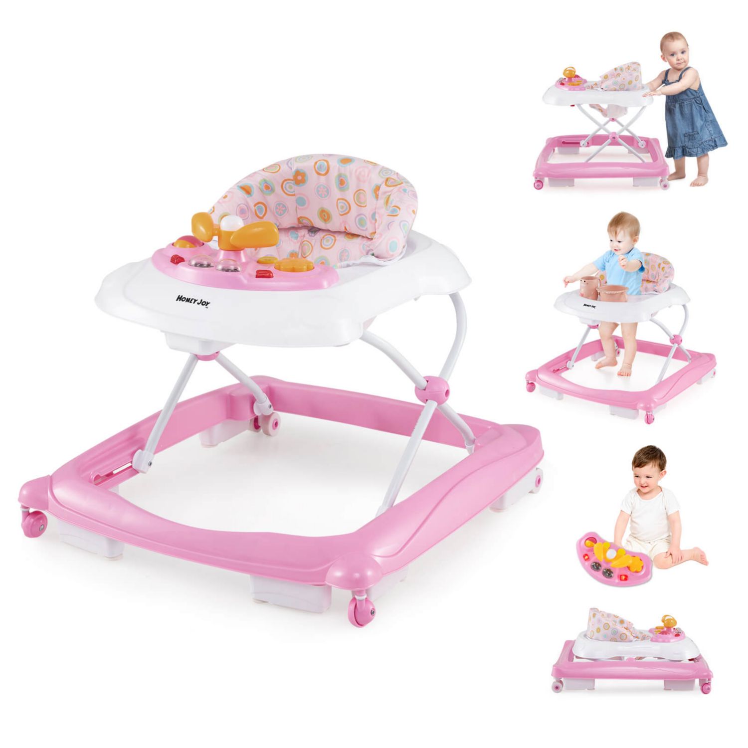 Foldable Baby Walker with 3 Adjustable Heights Comfy Padded Seat