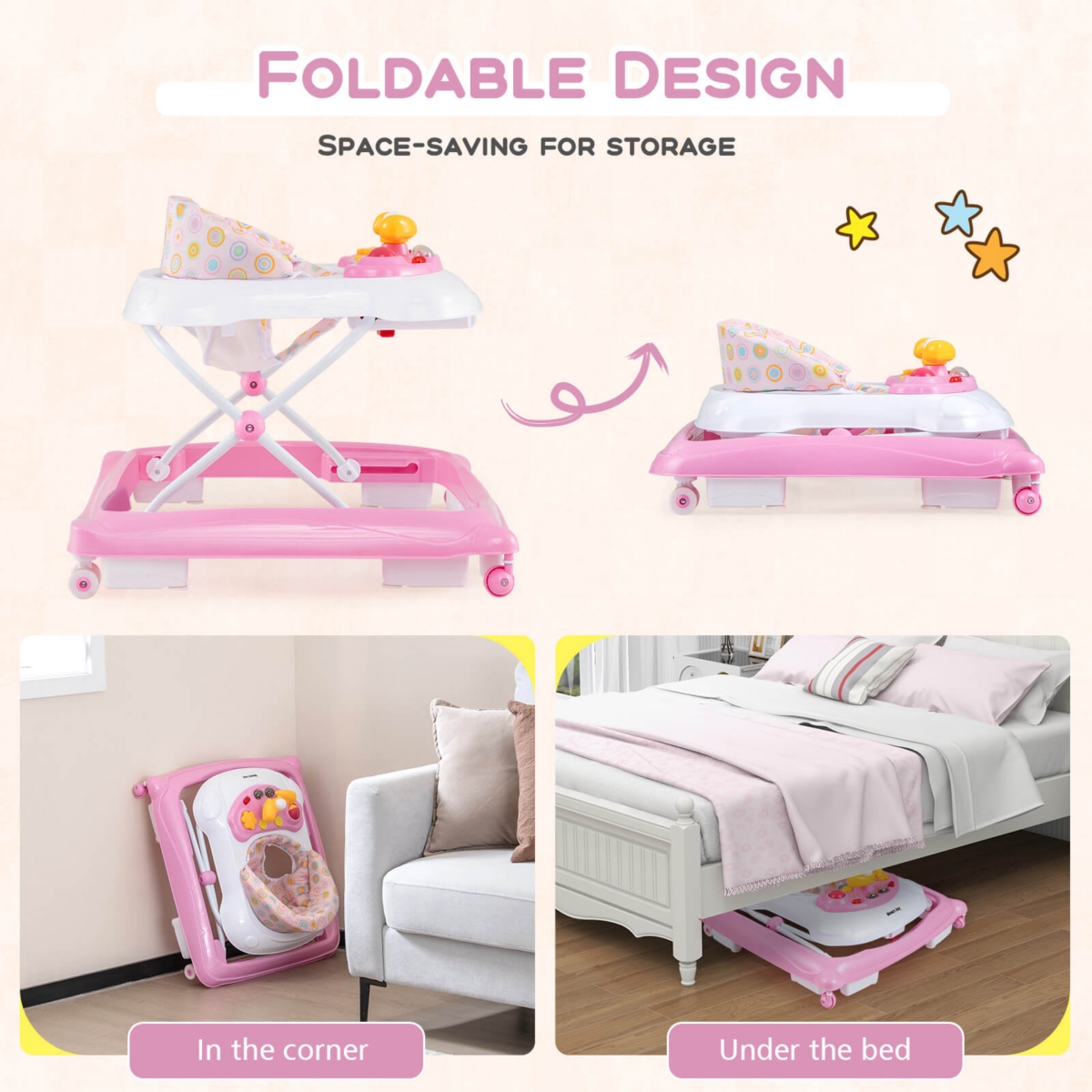 Costway Foldable Baby Walker with 3 Adjustable Heights Comfy Padded Seat Music Tray