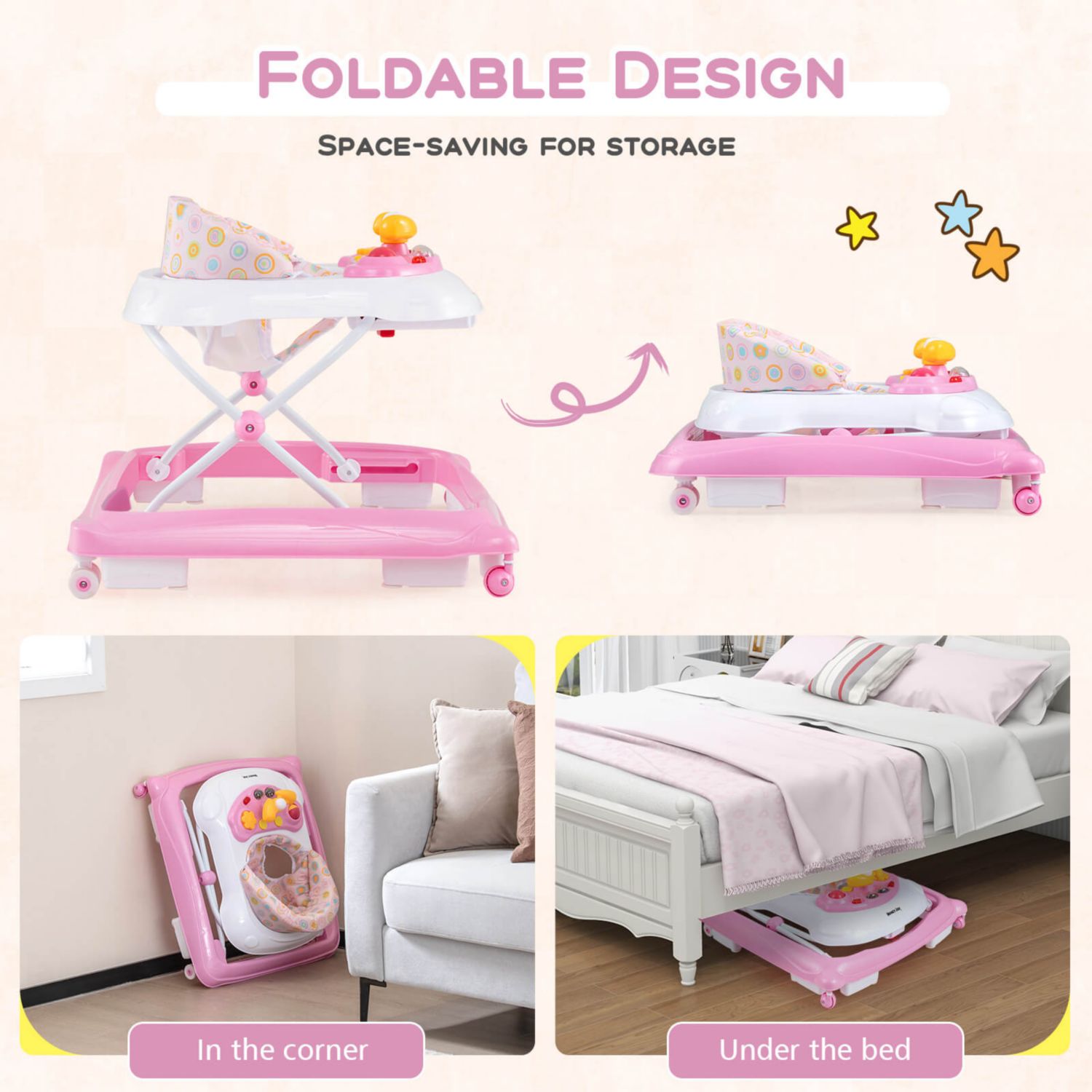 Foldable Baby Walker with 3 Adjustable Heights Comfy Padded Seat