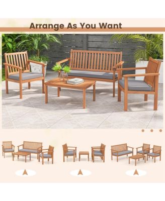 4 PCS Patio Wood Furniture Set with Loveseat, 2 Chairs & Coffee Table for Porch