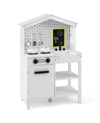 Kids Farmhouse Kitchen Play Set Wooden Pretend Toy with Storage & Accessories