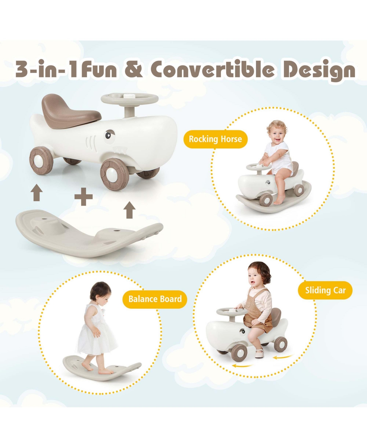 Costway Convertible Rocking Horse & Sliding Car with Detachable Balance Board