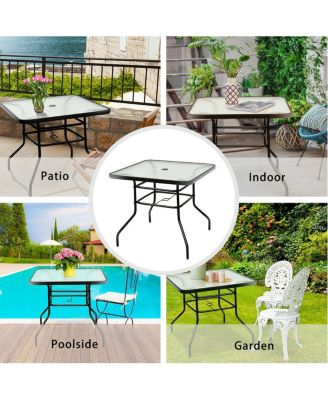 32'' Patio Square Table Tempered Glass Steel Frame Outdoor Pool Yard Garden