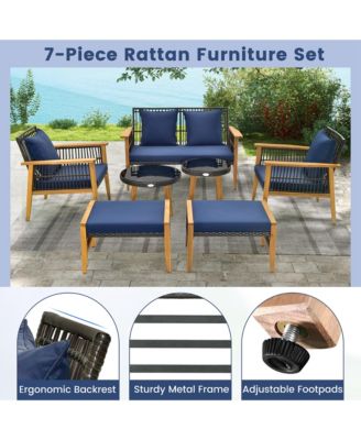 7 Piece Conversation Set Rattan Woven Chair Set with 2 Coffee Tables & 2 Ottomans