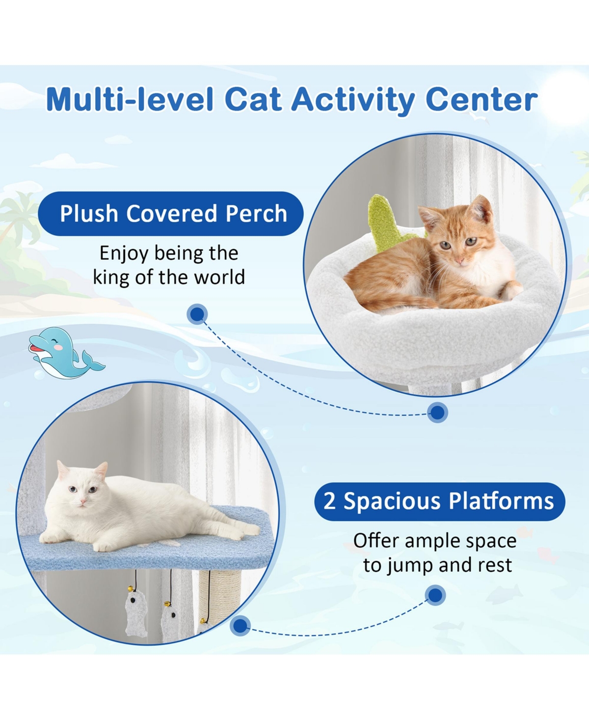 Ocean-themed Cat Tree with Sisal Covered Scratching Posts Hanging Interactive Toys