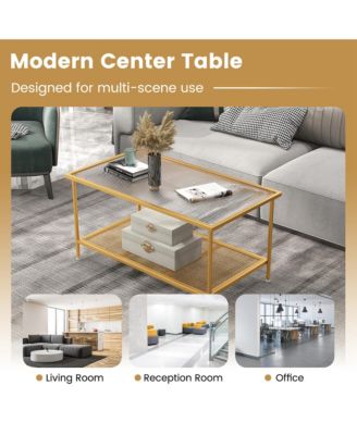 2-Tier Coffee Table with Shelf with Tempered Glass Top & Metal Frame Living Room