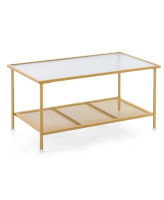 2-Tier Coffee Table with Shelf with Tempered Glass Top & Metal Frame Living Room
