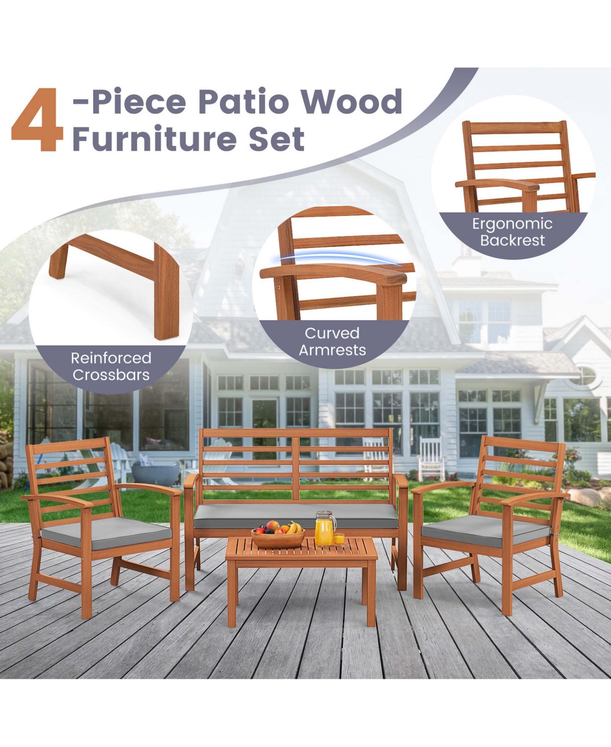 Costway 4 Pcs Outdoor Furniture Set with Soft Seat Cushions Stable Acacia Wood Frame