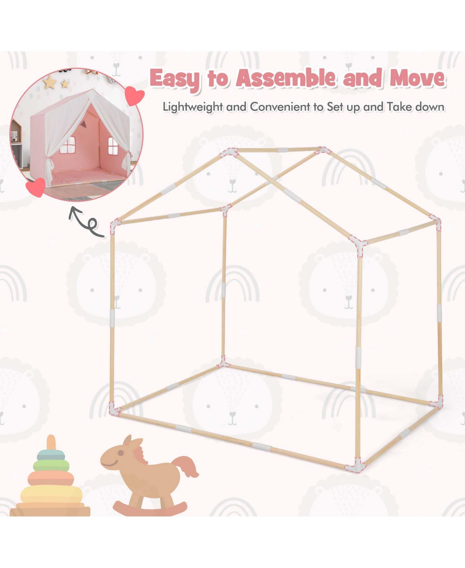 Kids' Castle Play Tent with Solid-Wood Frame and Washable Mat