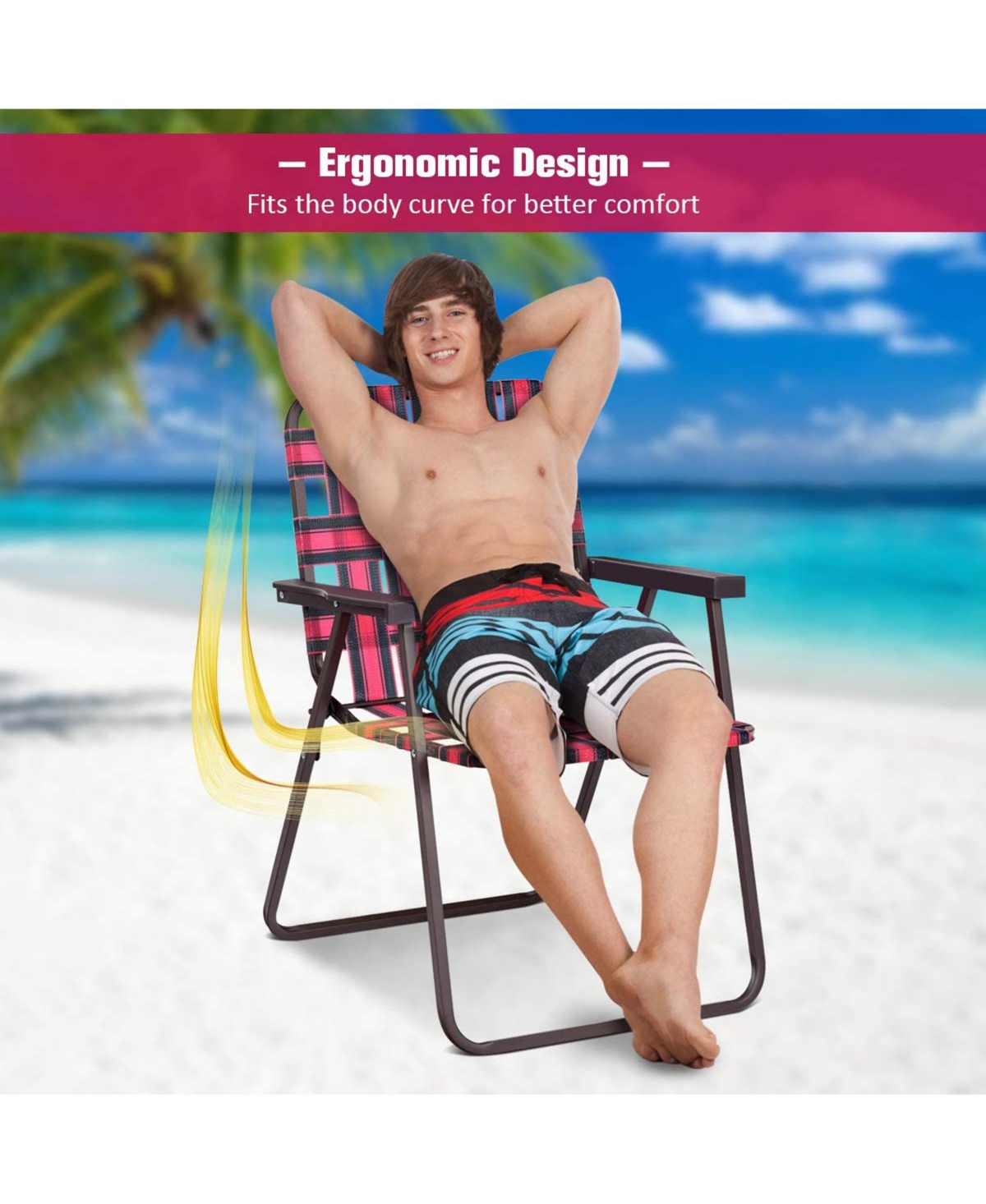Gymax Set of 6 Patio Folding Web Chair Set Portable Beach Camping Chair- Red