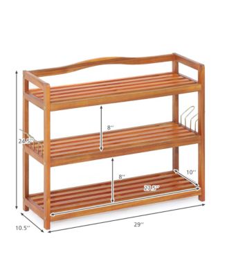 3-Tier Wood Shoe Rack Solid Acacia Wood Shoe Shelf with Side Metal Hooks