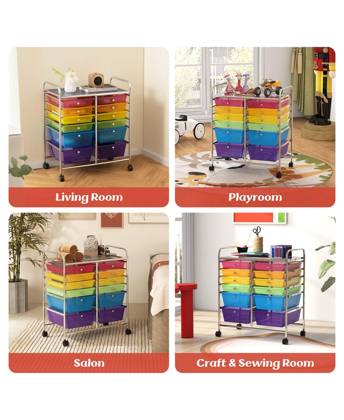 Costway 12-Drawer Rolling Storage Cart Organizer Cart with 2 Sizes Plastic Drawers - Assorted pre-pack