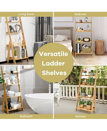 Costway 4-Tier Ladder Shelf Bookshelf Bookcase Storage Display Plant Leaning Shelf White