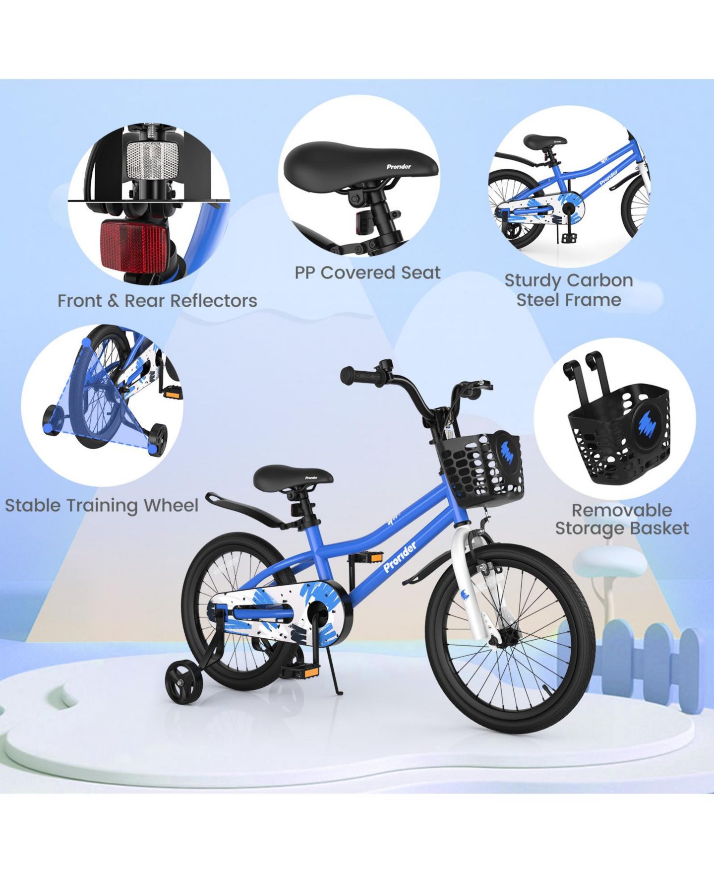 Детская игрушка Costway 18-Inch Kids' Bike with Adjustable Handlebar & Saddle, Removable Training Wheels, 4–8 лет, цвет: Синий — фото 8