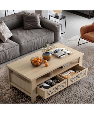 Coffee Table with2 Drawers & Open Shelf Modern Rectangular Wood