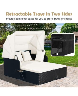 Patio Rattan Daybed Lounge Retractable Top Canopy Side Tables Cushions